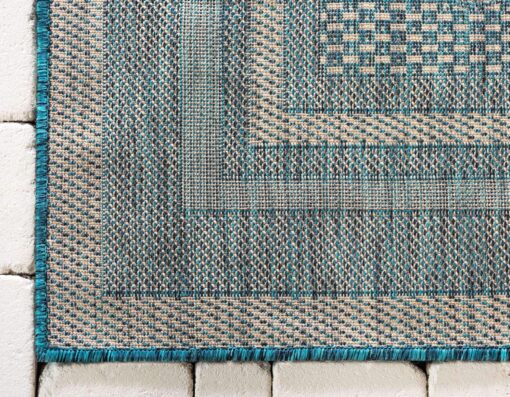 Unique Loom Outdoor Border Collection Area Rug - Soft Border (8'x 11' 4" Rectangle, Teal/ Ivory) - Image 3
