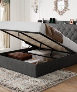Feonase Full Size Lift Up Storage Bed Frame with Charging Station, Button Tufted Headboard Platform Bed Frame with Hydraulic Storage, Wooden Slat Support, No Box Spring Needed, Noise-Free, Dark Gray