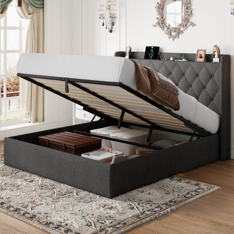 Feonase Full Size Lift Up Storage Bed Frame with Charging Station, Button Tufted Headboard Platform Bed Frame with Hydraulic Storage, Wooden Slat Support, No Box Spring Needed, Noise-Free, Dark Gray
