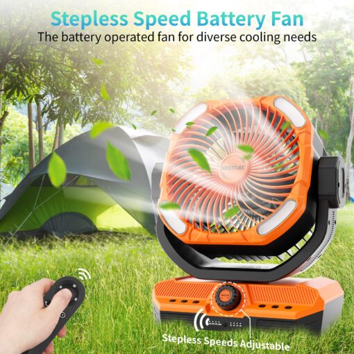 WESTTREE Battery Powered Fan Powerful Airflow Battery Operated Air Circulator Fan for Bedroom,Quiet & 360°Auto Oscillating Rechargeable Camping Fans with LED Light (RGBW) X66 Orange - Image 3