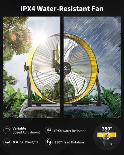 Airvention 15600mAh Rechargeable Battery Operated Floor Fan, 16 inch Yellow Industrial High Velocity Drum Fan, Shop Fan for Camping Gym Garage Outdoor Indoor, AI-F601Y - Image 3