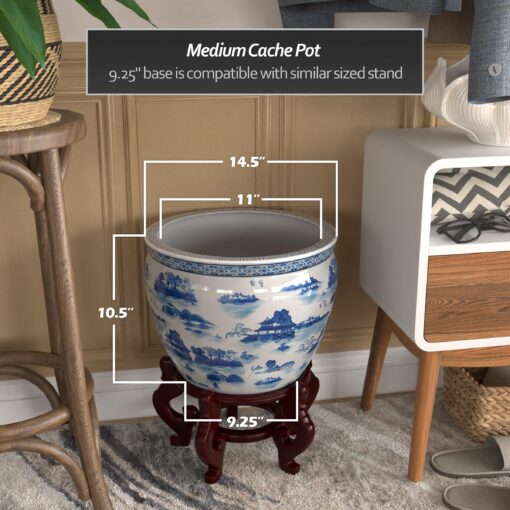 Red Lantern 14" Landscape Blue & White Porcelain Fishbowl Planter or Cachepot for Indoor/Outdoor Use in Garden Entryway Living Room Boho Eclectic Modern Contemporary Classic Traditional Style Decor - Image 4
