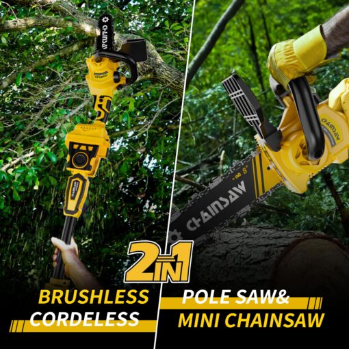 2-in-1 Cordless Pole Saw, 8 Inch Brushless Pole Chainsaws Compatibility with DEWALT 20V MAX Battery, 8 lb Lightweight, Auto Oiling, 14.8 FT MAX Extension Pole Saws for Tree Trimming - Image 5