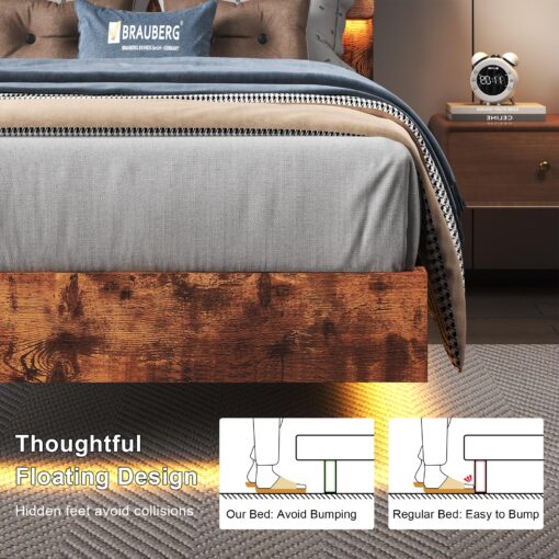Feonase Twin Floating Bed Frame with Led Lights and Charging Station, Wood Twin Size Bed Frame with Storage Headboard, Heavy Duty Metal Slats, No Box Spring Needed, Easy Assembly, Vintage Brown - Image 5