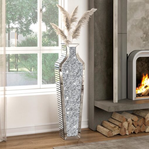 SHYFOY 43" Extra Large Floor Vase Oversized Crushed Diamond Mirrored Vase Silver Big Crystal Vases for Home Decor Living Room Floor