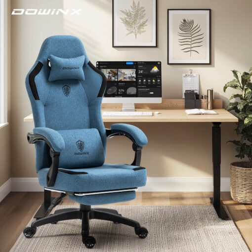 Dowinx Fabric Gaming Chair with Pocket Spring Cushion,Breathable Computer Chair with Massage Lumbar Support and Footrest,High Back Game Office Chair for Adult,Dark Blue - Image 2