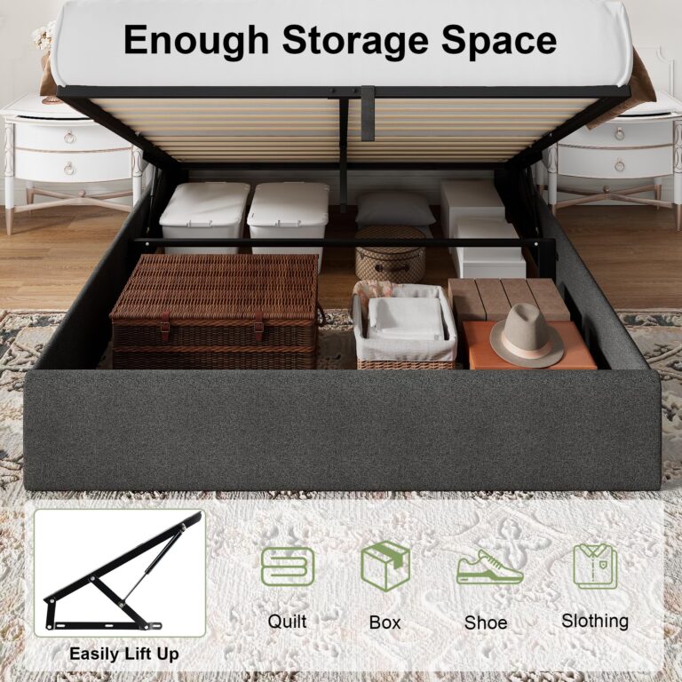 Feonase Full Size Lift Up Storage Bed Frame with Charging Station, Button Tufted Headboard Platform Bed Frame with Hydraulic Storage, Wooden Slat Support, No Box Spring Needed, Noise-Free, Dark Gray - Image 6