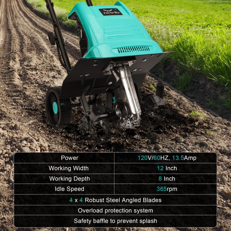 IncwBo 13.5 Amp 12 Inch Electric Tiller/Cultivator with 4 Steel Tines, 8'' Tilling Depth Small Garden Tiller for Gardening, Corded Rototiller with Adjustable Wheels - Image 5