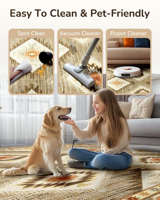 Area Rug 8x10 Rug Machine Washable Non-Slip Low Pile Print Pattern Western Rug for Living Room Bedroom Entryway-Cream/Camel - Image 7