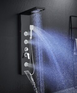 TSIBOMU Multi-Function LED Lights Shower Panel System Black, 5 in 1 Shower Panel Include Rainfall & Waterfall Shower Head, 3 Pcs Adjustable Massage Jets, Handheld Shower, Tub Spout