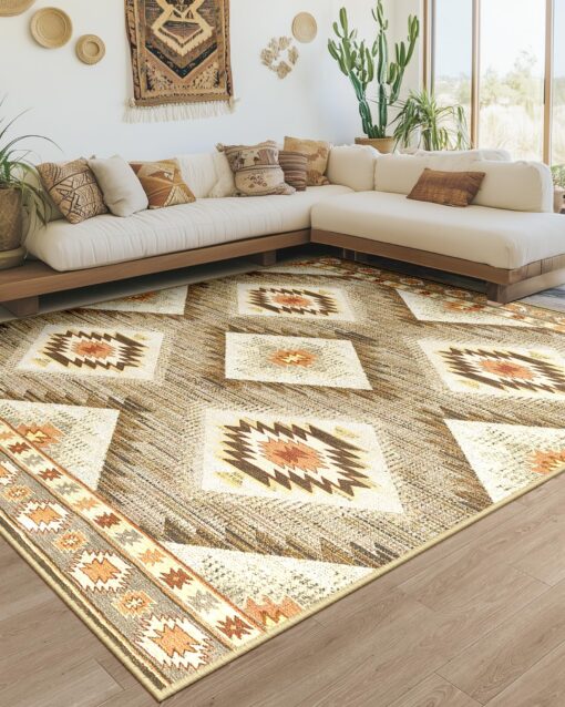 Area Rug 8x10 Rug Machine Washable Non-Slip Low Pile Print Pattern Western Rug for Living Room Bedroom Entryway-Cream/Camel - Image 4