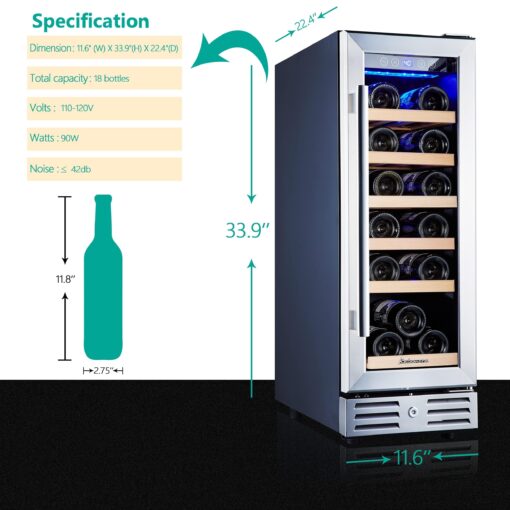 Kalamera Mini Fridge 18 Bottle - 12 inch Wine Cooler Refrigerator, Built-in or Freestanding, with Stainless Steel & Double-Layer Tempered Glass Door, and Temperature Memory Function Wine Fridge - Image 6