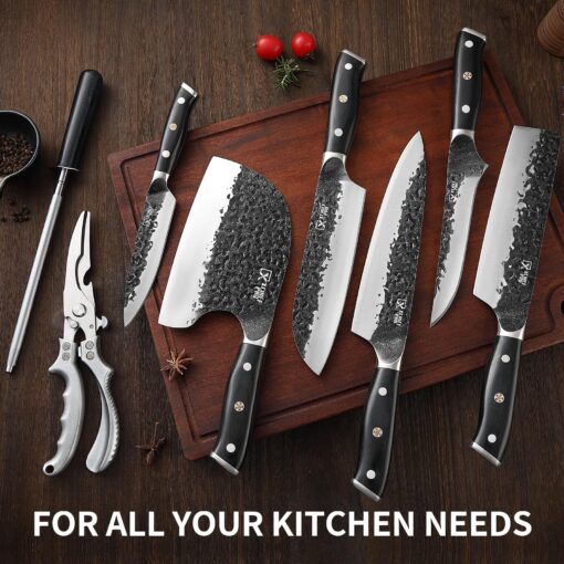 XCHIEF PRO Chef Knife Set, Hand Forged Meat Boning Carving Cleaver Butcher Knife, High Carbon Steel Japan Nakiri Santoku Knife Set with Accessories for Kitchen, BBQ Camping Knives Set with Bag - Image 7