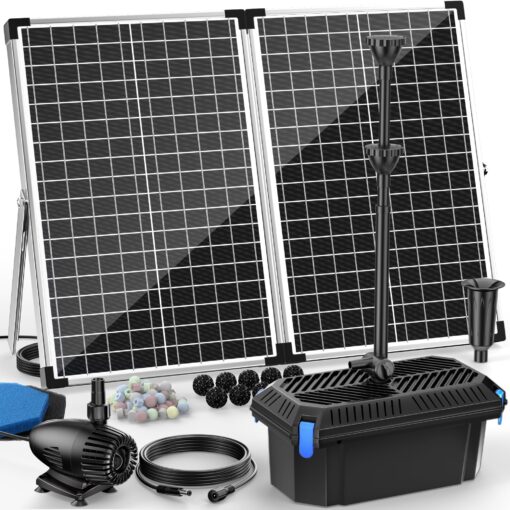Antfraer 70W Solar Water Pump with Pond Filter, Solar Pond Pump with 16.5FT+10FT Cord & 6.6FT PVC Tubing for Fish Pond Pool Garden Waterfall Hydroponics DIY Water Features