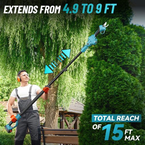 Seesii 2-in-1 Cordless Electric Pruning Shears with Pole, 15Ft Reach, 1.2" Cutting Diameter, 21V 2x 4000mAh Batteries, Battery Powered Tree Pruner with Brushless Motor for Efficient Branch Trimming - Image 5