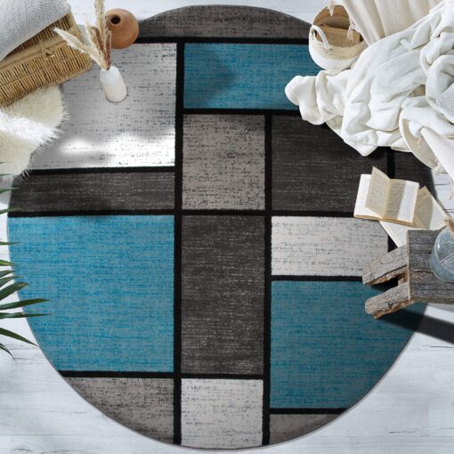 Rugshop Contemporary Modern Boxes for Home Office,Living Room,Bedroom,Kitchen Non Shedding Round Area Rug 8' Blue - Image 2