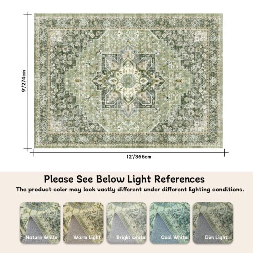 9×12 Machine Washable Rug for Living Room, Boho Vintage 9×12 Area Rug，Distressed Accent Low Pile Ultra Soft Large Carpet for Bedroom Bathroom Dining Room, Floral/Green - Image 2