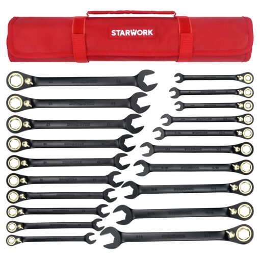 STARWORK TRUE MECHANIC™ 20 Pc. 120T Reversible Ratcheting Combination Wrench Set, Long Pattern, SAE, Metric, Professional, With Portable Roll-Up Pouch Bag