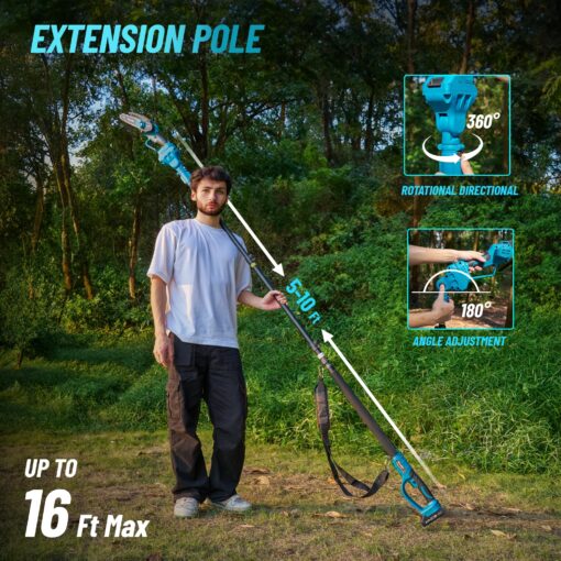 Seesii PS610 2-IN-1 Cordless Pole Saw & Mini Chainsaw, 6-Inch Brushless Chain Saw with 2x 2.0Ah Battery, 16-Foot MAX Reach Brach Tree Saw with Extension Pole for Wood Cutting Garden 2024 UPGRADE - Image 8