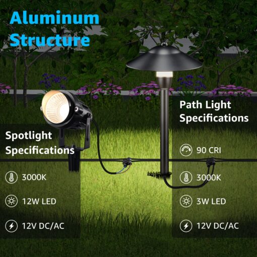 SUNVIE LED Landscape Lights Low Voltage Pathway Lights 12V Landscape Lighting Kit Aluminum Low Voltage Landscape Pathway Lights with Stake Waterproof for Walkway Yard Garden, 12 Pack with Connectors - Image 8