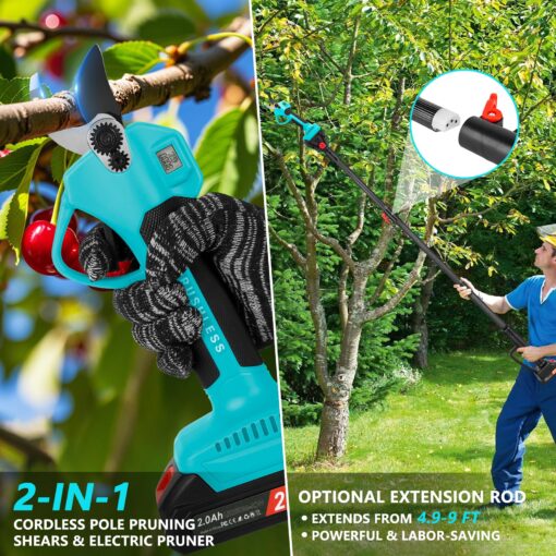 21V 2-in-1 Cordless Pole Pruning Shears, 1.6" Cutting Diameter Electric Pruning Shears with 9 ft Extension Pole, Tree Pruner with 2pcs 2.0Ah Rechargeable Lithium Battery, LCD Display Screen SK7 Blades - Image 8
