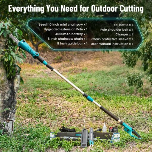 Seesii 10 Inch & 8 Inch Electric Pole Saws for Tree Trimming, Cordless Pole Chainsaw with Extendable Rod (Up to 9.2ft), Auto Oiler, 4000mAh Battery Powered Tree Pruner for Bush & Branch Cutting - Image 2