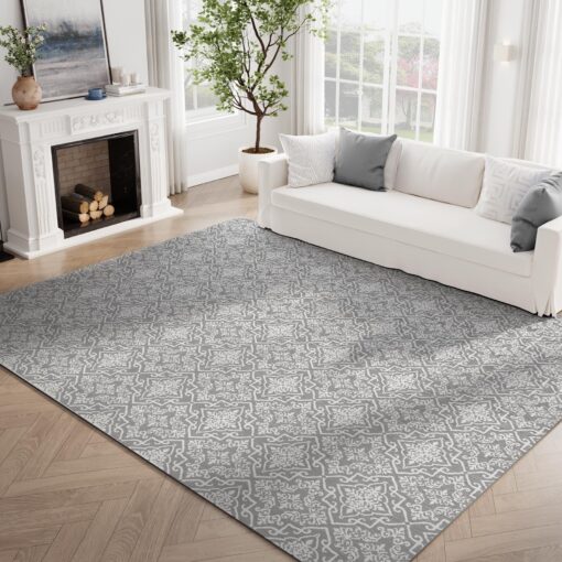 jinchan Boho Area Rug 8x10 Moroccan Washable Rug Indoor Floor Cover Accent Carpet Floral Tile Print Mat Soft Non Slip Carpet for Kitchen Living Room Bedroom Dining Room Farmhouse Decor Grey