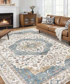 Area Rug for Living Room - 9x12 Soft Washable Oriental Vintage Floral Distressed Large Carpet - Fade Stain Resistant Non Slip Rugs for Bedroom Dining Room Nursery Dorm Office Home Decor - Blue/Beige