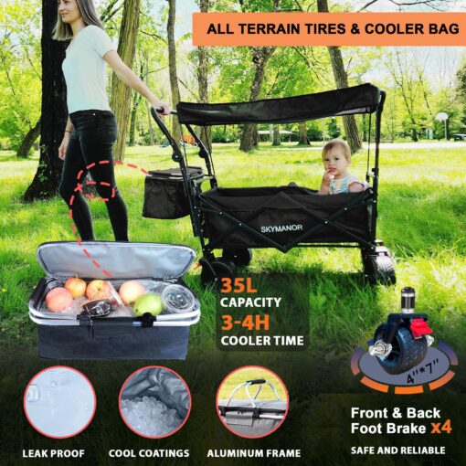 SKYMANOR Collapsible Wagon Folding Garden Cart with Removable Canopy Utility Wagon Cart with All-Terrain Wheels Brake Beach Cart for Sand Heavy Duty Beach Wagon for Camping Shopping (Black) - Image 6