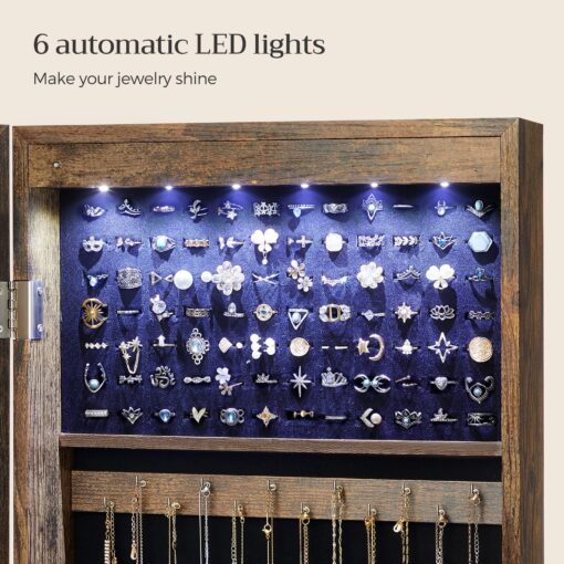 SONGMICS 6 LEDs Mirror Jewelry Cabinet, 47.2-Inch Tall Lockable Wall or Door Mounted Jewelry Armoire Organizer with Mirror, 2 Drawers, 3.9 x 14.6 x 47.2 Inches, Rustic Brown UJJC93CB - Image 7