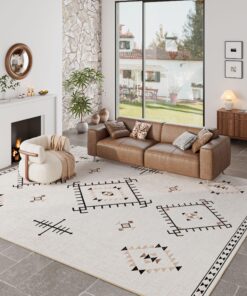 ILANGO Area Rug 9'x12' for Living Room Bedroom Washable Moroccan Boho Rugs for High Traffic Area Non Slip & Non-Shedding Rugs Fade Resistant Carpet for Kitchen Office (Beige)