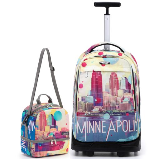 NEW TILAMI 19 Inch Rolling Backpack with Matching Lunch Bag Durable for Girls and Boys Wheeled Laptop Backpack Carry-on Bag School Travel, City (No USB interface)