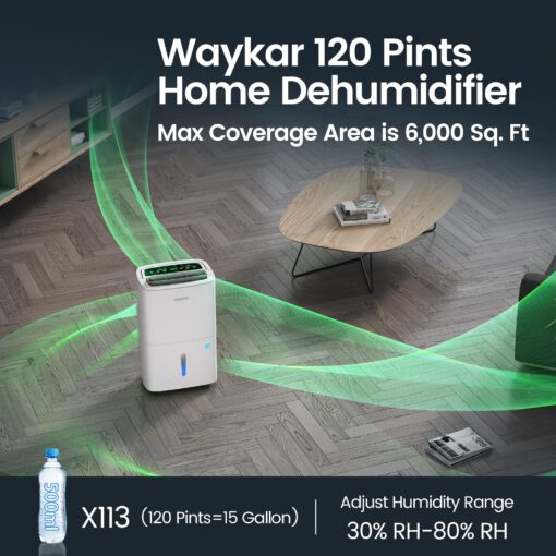 Waykar 120 Pints Energy Star Home Dehumidifier for Spaces up to 6,000 Sq. Ft at Home, in Basements and Large Rooms with Drain Hose, Handle, Auto Defrost and Self-Drying. - Image 9