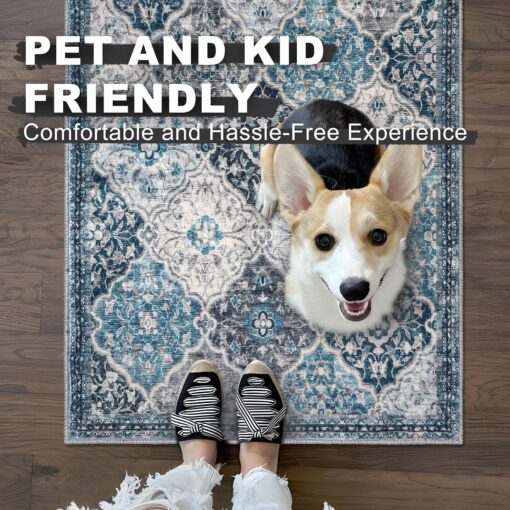 KILOCOCO 8x10 Runner Rug, Moroccan Washable Hallway Entryway Runner Rug, Accent Print Faux Wool Kitchen Runner Rug Non-Slip Runners Boho Rug Runners for Laundry Room Bedroom, Blue/Multi - Image 6