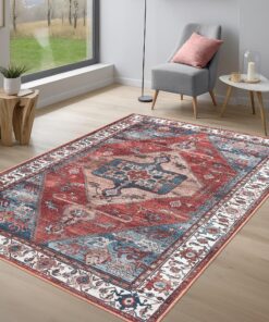 Adiva Rugs 8x10 Machine Washable Area Rug with Non Slip Backing for Living Room Bedroom Bathroom Kitchen Mats for Floor Decor Anti Fatigue Non Skid Door Carpet (Multi Coral Navy Teal, 8' x 10')