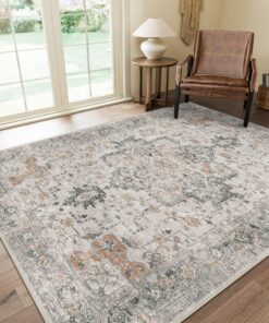 GENIMO 8x10 Area Rugs for Living Room, Machine Washable Non Slip Vintage Rugs, Low Pile Lightweight Chenille Print Rug for Bedroom, Dining Room, Home Office, Light Taupe Brown