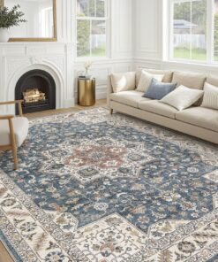 Vintage Living Room Area Rug 9x12 - Large Soft Washable Oriental Traditional Distressed Farmhouse Rugs for Bedroom - Indoor Floor Accent Carpet for Home Office House Decor - Vintage Blue