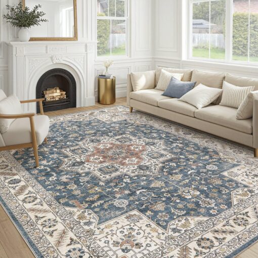 Vintage Living Room Area Rug 9x12 - Large Soft Washable Oriental Traditional Distressed Farmhouse Rugs for Bedroom - Indoor Floor Accent Carpet for Home Office House Decor - Vintage Blue