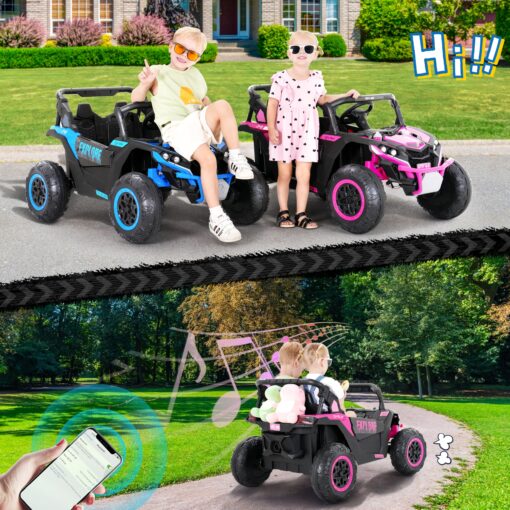 Evmore 4WD Kids Ride on Car, 24V Electric Off-Road UTV Truck, 20" Spacious 2 Seat, 7Ah Large Battery Electric Car with Remote Control, Safety Belt, Horn, Music, and Lights for Kids Aged 3-8 Years Pink - Image 2