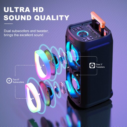 JYX Karaoke Machine with 2 Wireless Microphones for Adults, 8" Big Bluetooth Party Speaker with 500W Peak Power, PA System with LED Disco Light, Rolling Wheels and Trolley, Perfect for Outdoor Home - Image 5
