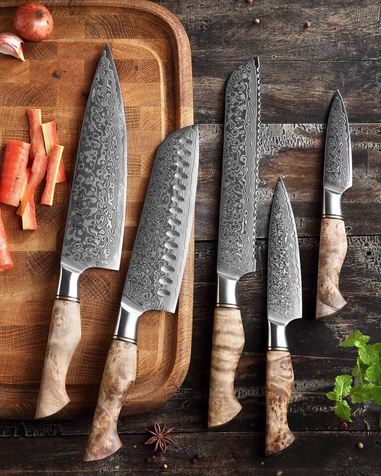 HEZHEN Damascus Kitchen Knives Set, Damascus Steel Japanese Style Chef Knife Utility Knife Santoku Knife,Figured Sycamore Wood Handle - Image 4