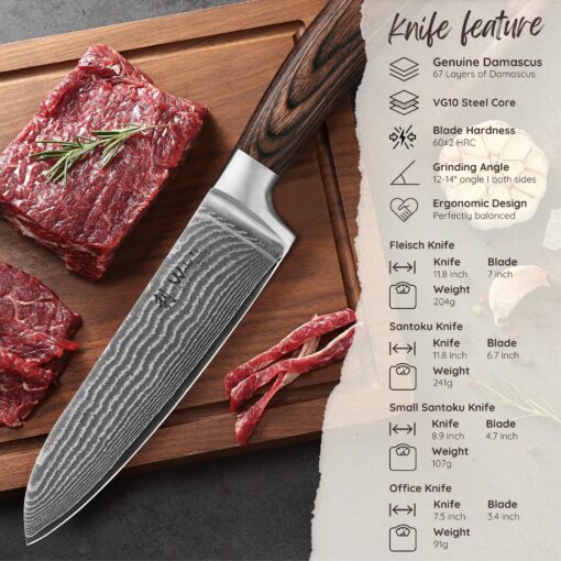 Wakoli Damascus Kitchen Knife Set, 4 Pieces Professional Chef Knife Set made from 67 Layers of Damascus Steel with VG10 Core, Knives Set for Kitchen with Pakkawood Handles in Gift Box (EDIB 4-pcs) - Image 9