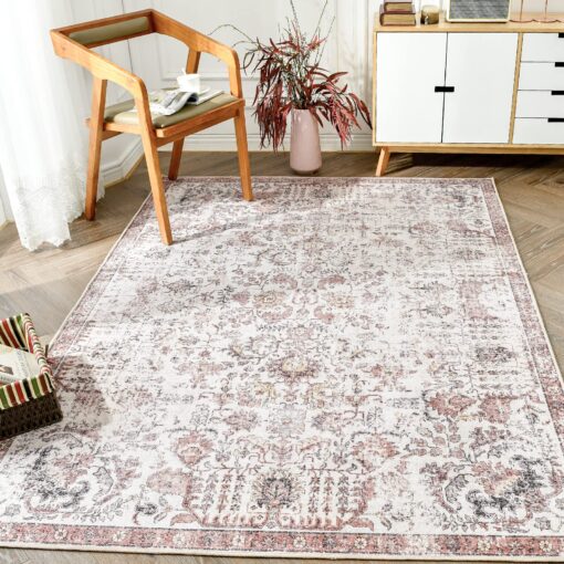jinchan Area Rug 6x9 Washable Living Room Rug Vintage Indoor Large Floor Cover Retro Accent Mat Distressed Floral Country Boho Non Slip Thin Carpet for Bedroom Kitchen Dining Room Office Red Multi - Image 3