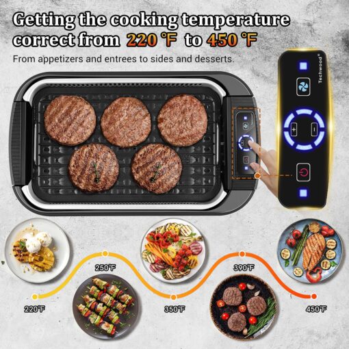 Indoor Smokeless Grill, Techwood 1500W Electric Indoor Grill with Tempered Glass Lid, Portable Non-stick BBQ Korean Grill, Turbo Smoke Extractor Technology, Drip Tray& Double Removable Plate, Black - Image 7
