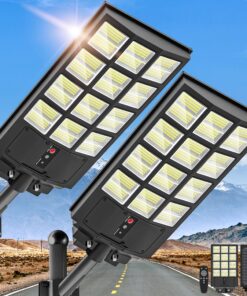 3000W Solar Street Lights Outdoor, Wide Angle Commercial Solar Lights Outdoor Dusk to Dawn, 6500K Flood Light Outdoor with Motion Sensor, IP66 Waterproof LED Street Light for Parking Lot, Yard 2PACK
