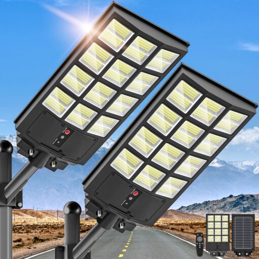 3000W Solar Street Lights Outdoor, Wide Angle Commercial Solar Lights Outdoor Dusk to Dawn, 6500K Flood Light Outdoor with Motion Sensor, IP66 Waterproof LED Street Light for Parking Lot, Yard 2PACK
