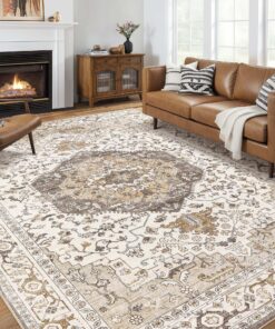 Area Rug for Living Room - 9x12 Soft Washable Oriental Vintage Floral Distressed Large Carpet - Fade Stain Resistant Non Slip Rugs for Bedroom Dining Room Nursery Dorm Office Home Decor-Camel/Beige