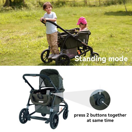 Pamo Babe Kid Wagon Double Stroller for 2 Kids Push Pull Double Wagon Travel Stroller Adjustable Handbar Waterproof Canopy Cup Holder and 3 Point Harness Green - Image 9