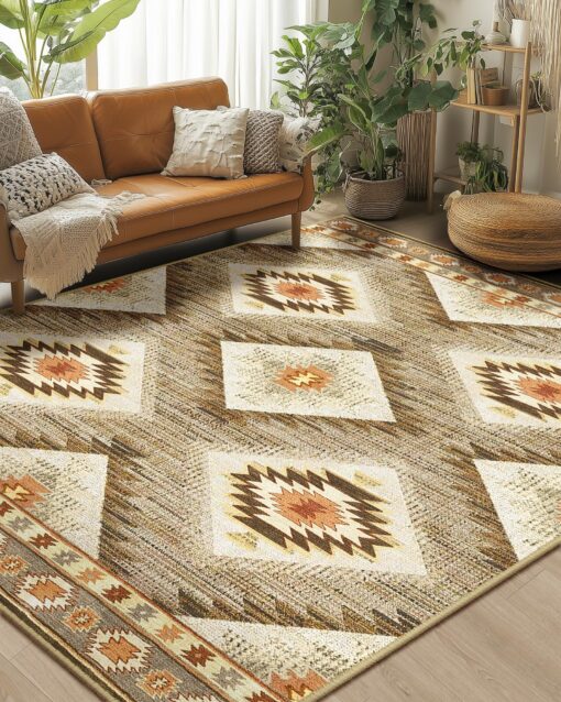 Area Rug 8x10 Rug Machine Washable Non-Slip Low Pile Print Pattern Western Rug for Living Room Bedroom Entryway-Cream/Camel - Image 2