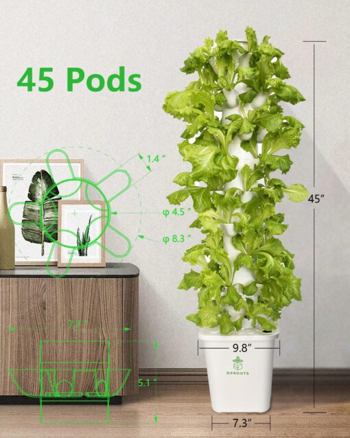 DPROOTS Hydroponic Tower Growing System，45 Pods Vertical Garden，Suitable for Indoor and Greenhouse, Grow Herbs and Vegetables，Houseplant Farming with Water Circulation and Automatic Timer - Image 9